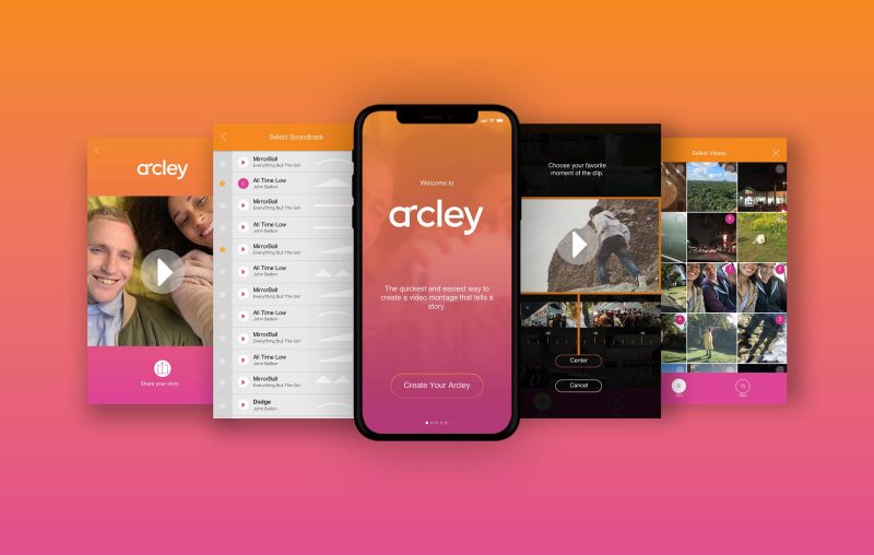 orange and pink blackround phone mockup showing the new arcley app