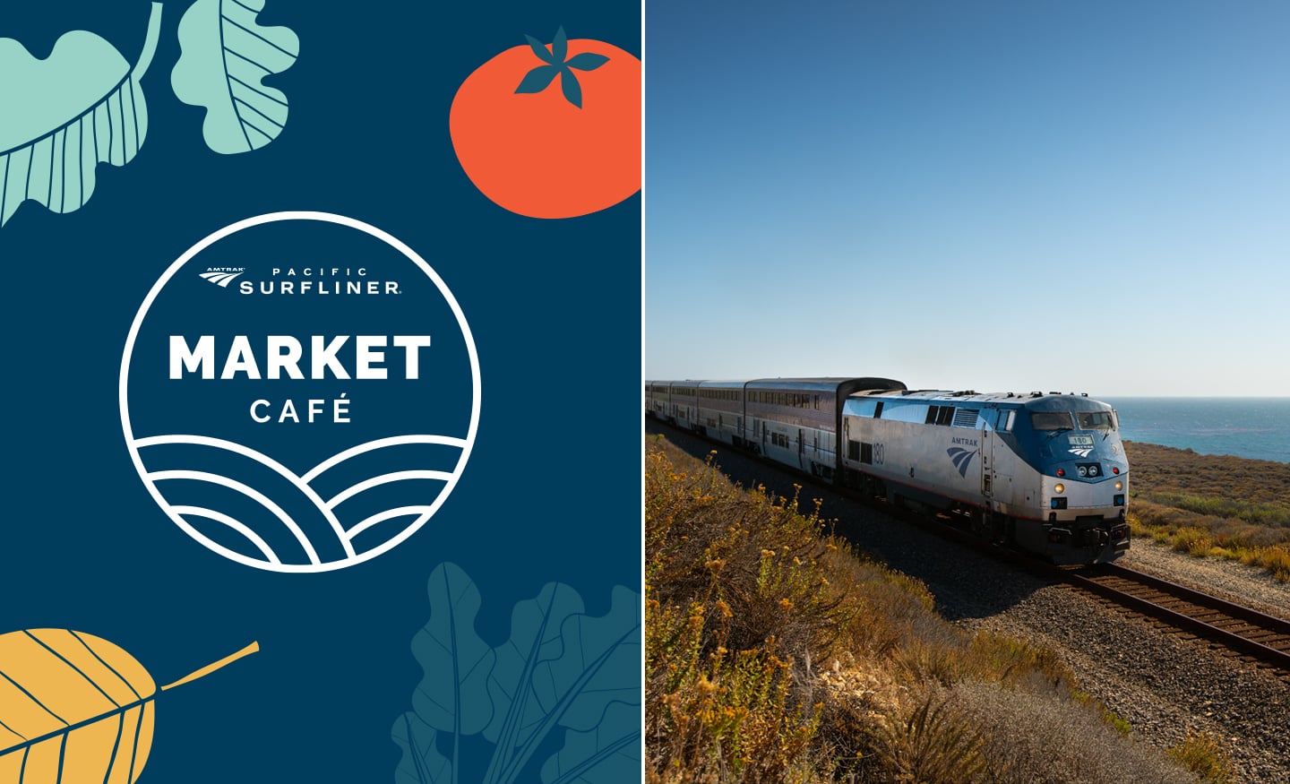 Pacific Surfliner train and Market Cafe logo new brand