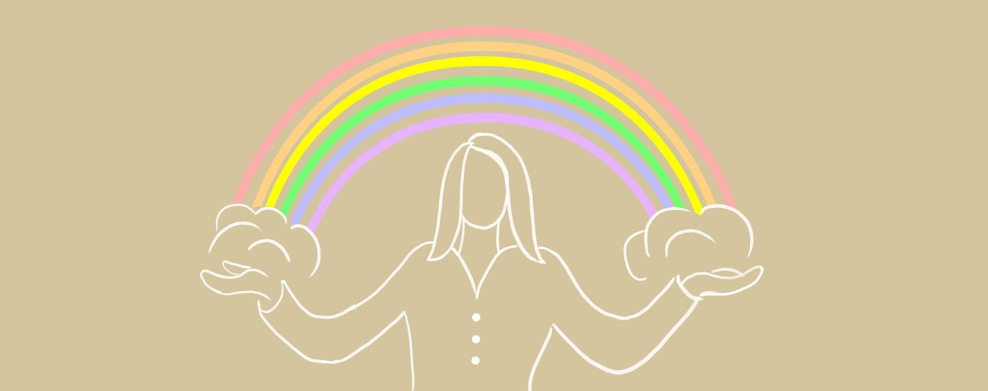 Drawn figure and a rainbow over it