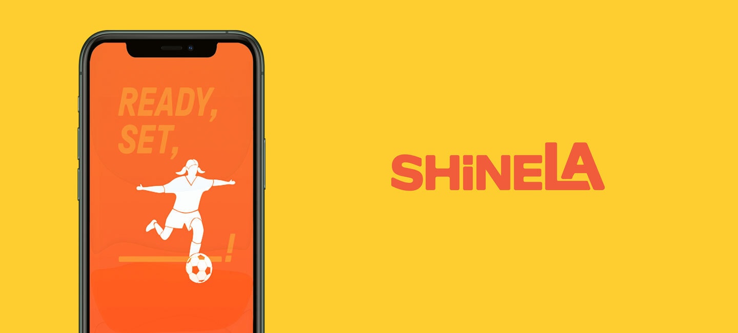 Collage of mobile phone and orange ShineLA logo on yellow background
