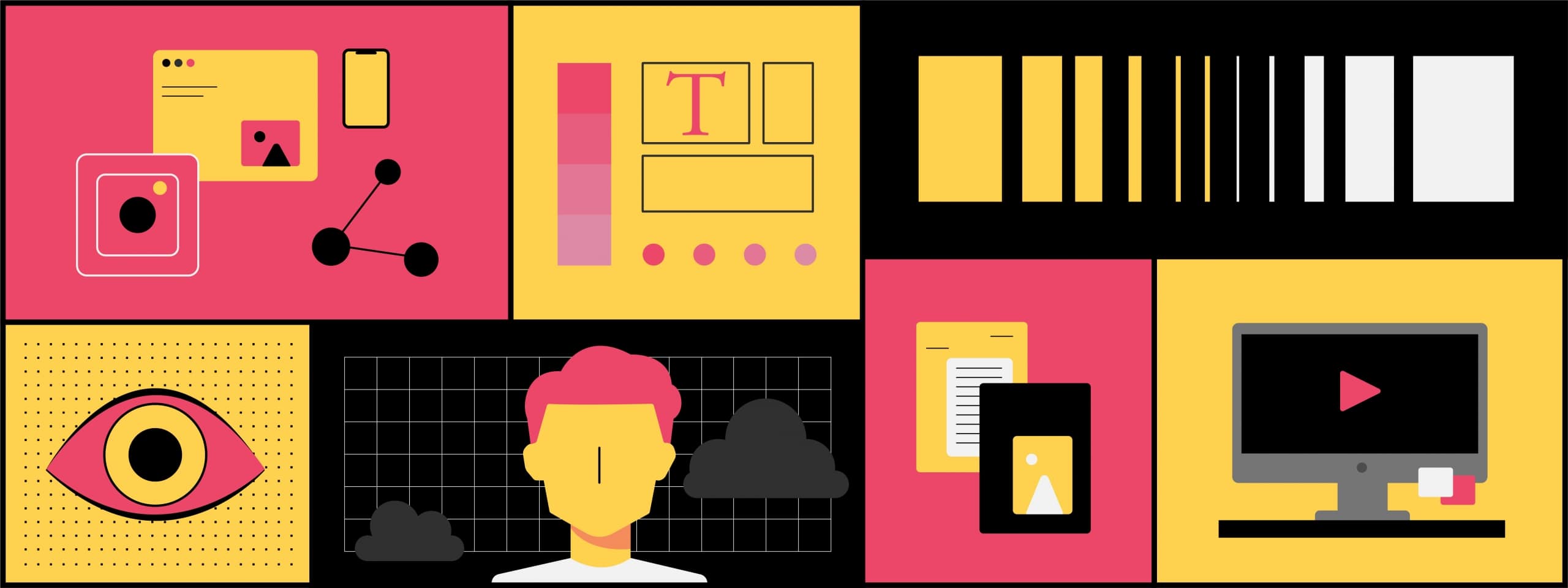 Black yellow and red background with grids that tells a story about how creative agencies works