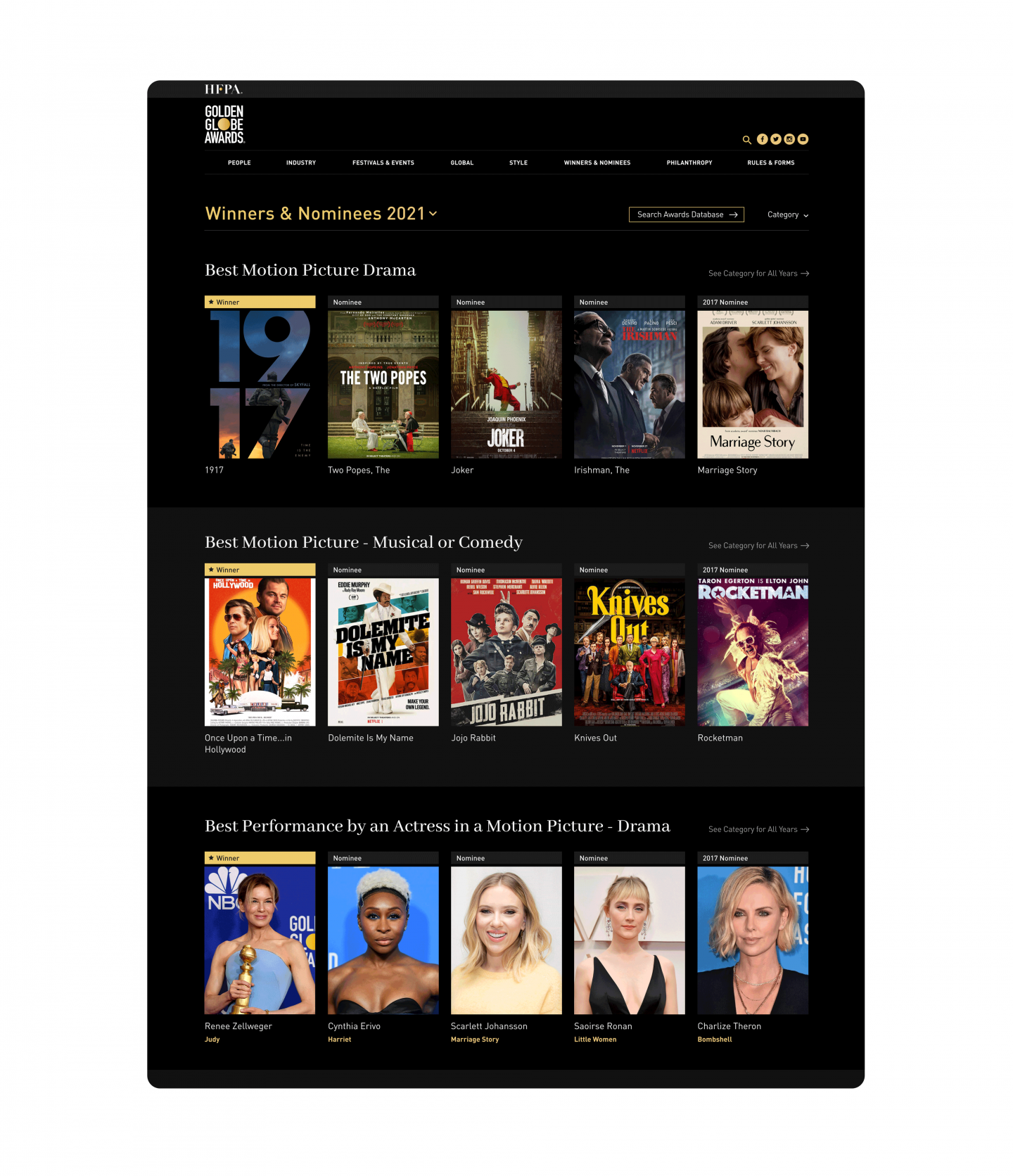 Golden Globes website mockups