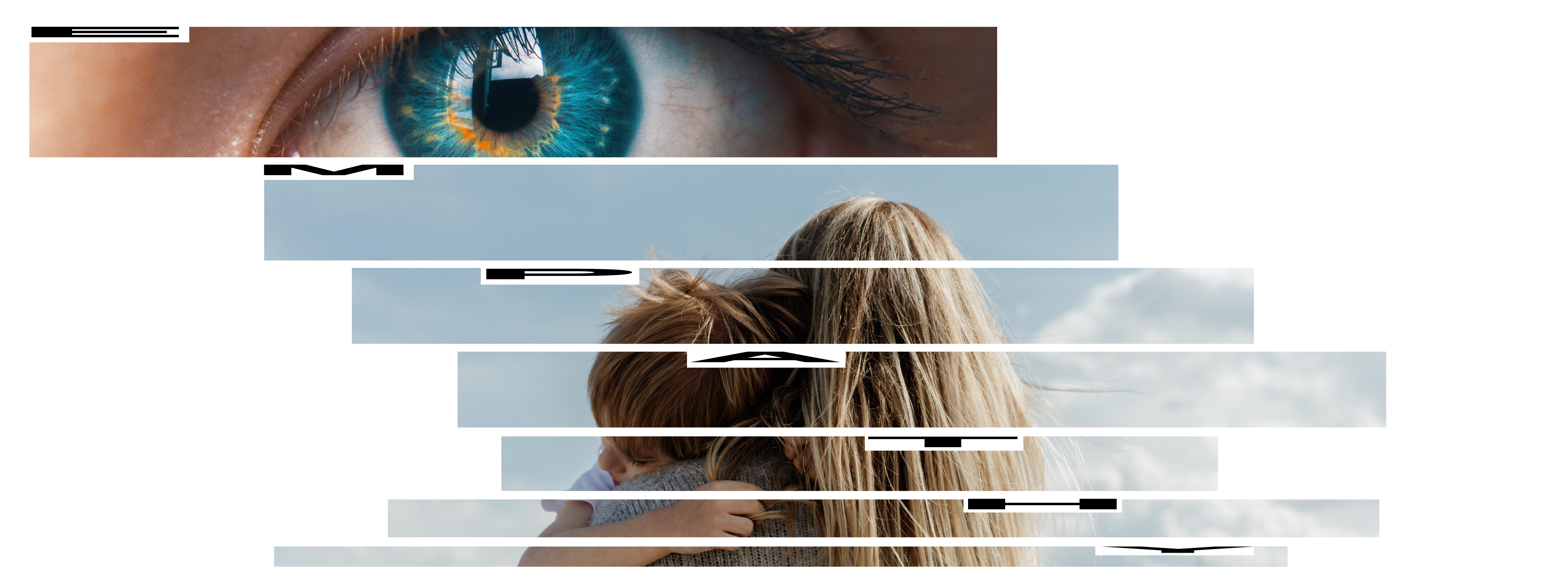 Blue eyeat the top of the picture and blond woman hugging a kid at the bottom of the picture