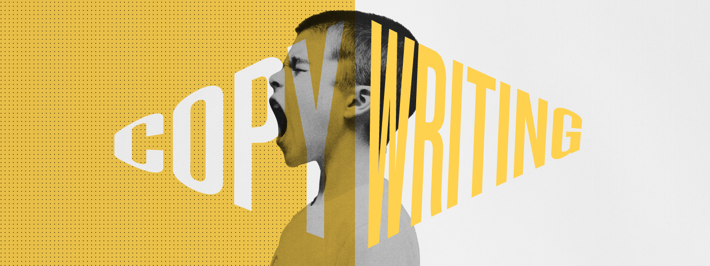 boy screaming the word copywriting with a yellow and white background and graphics