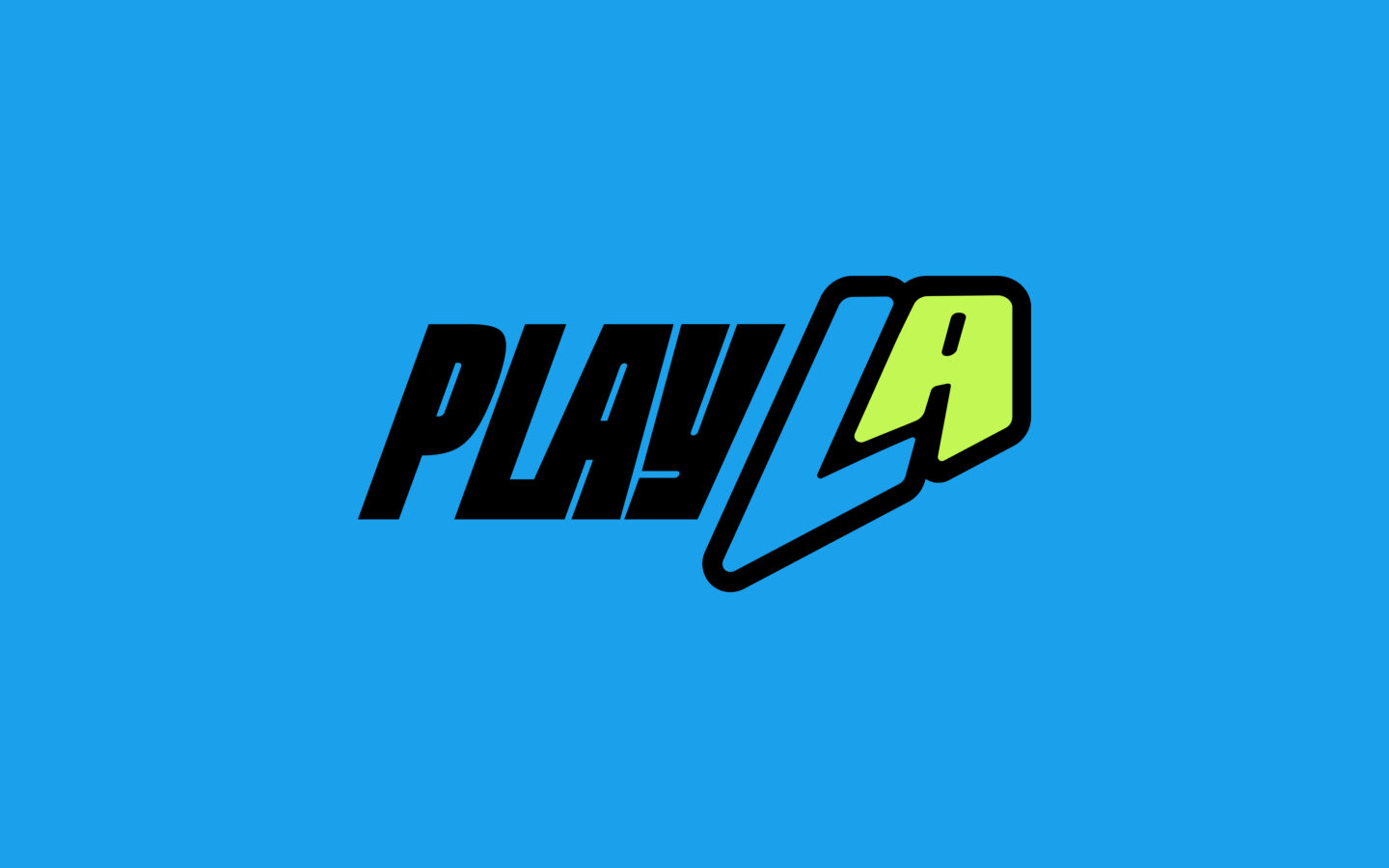 A logo for the PlayLA which is a radically inclusive athletic movement for healthier Los Angeles with vibrant colors on a blue background