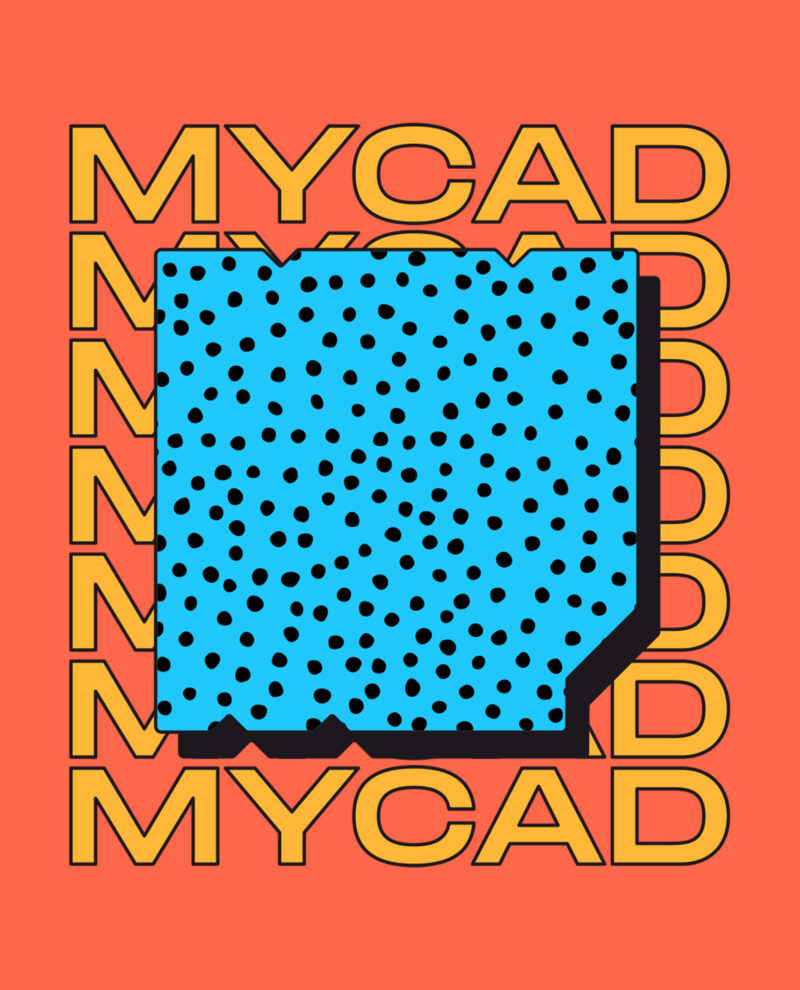 A blue logo of MYCAD on a red background with the multiple lines of 