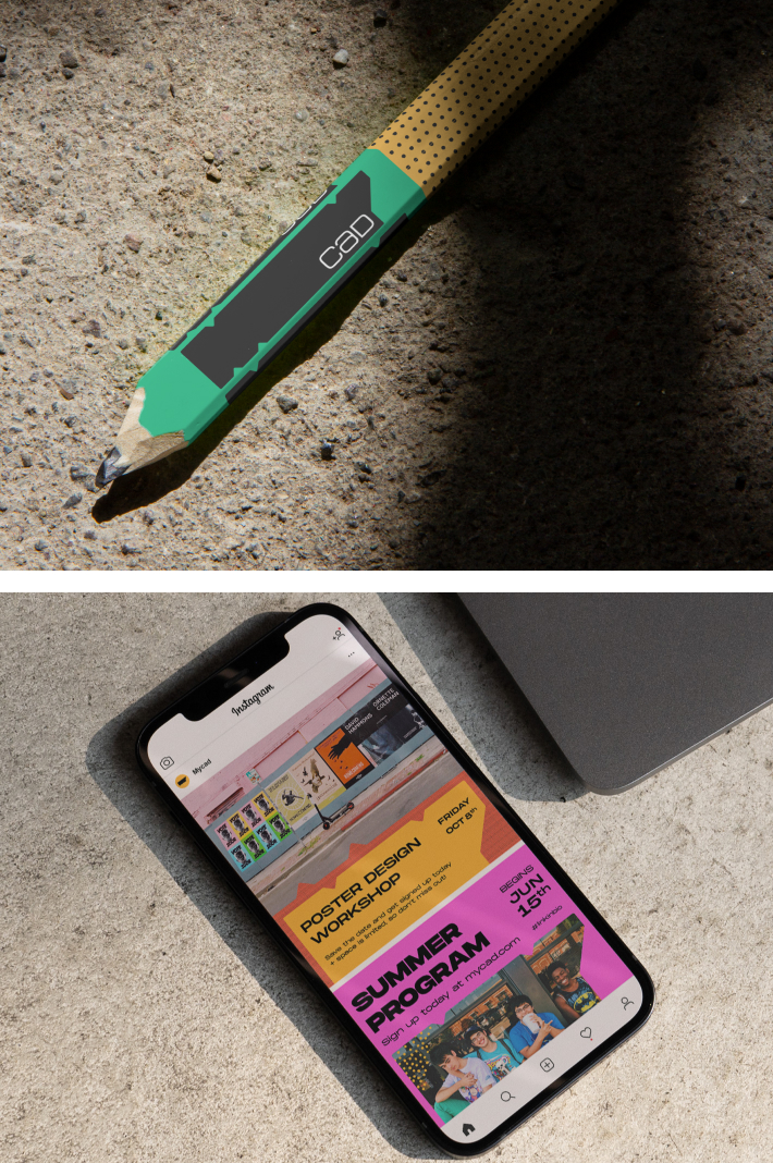 Two images, the one in the upper part showcase MYCAD branded Carpenter pencil in combination of green and yellow and the one bellow showcase an instagram post on a screen of a mobile device