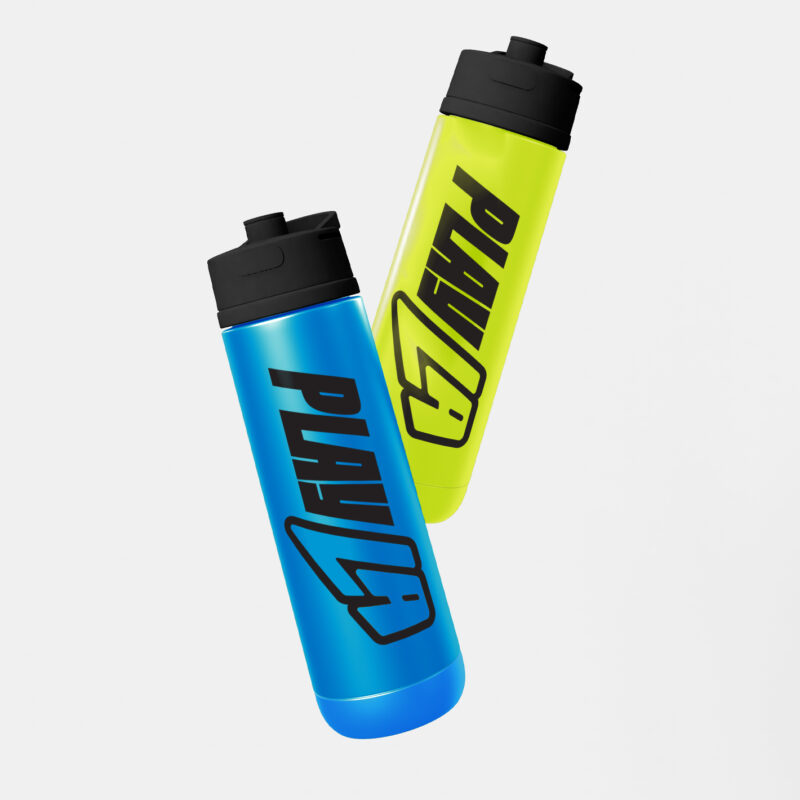 Mockup of the PlayLA bike water bottles in the brand colors