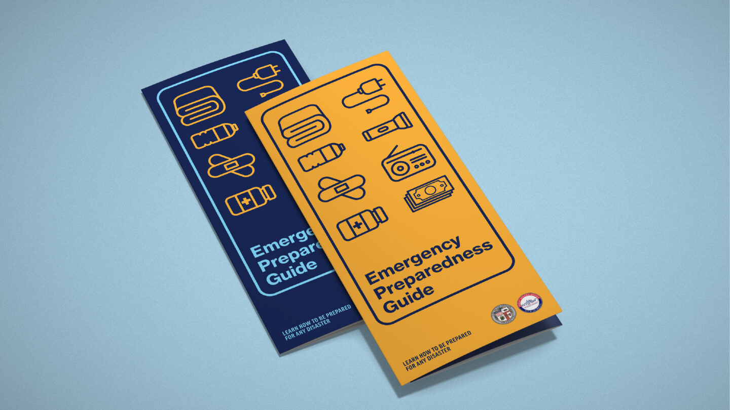 Emergency preparedness brochures for the City of Los Angeles Emergency Management Department, using bold colors and illustrated icons to explain essential emergency kit items.