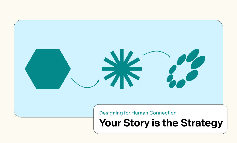 Graphic showing the evolution of visual symbols alongside the message “Your Story is the Strategy” for a human-centered design article.